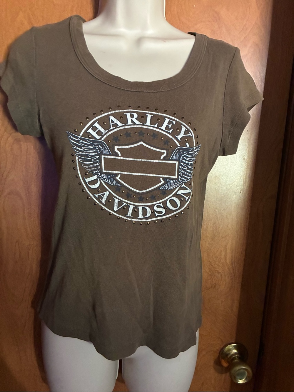 Harley-Davidson Brown Tee with Black Tag and Orange Logo Detail